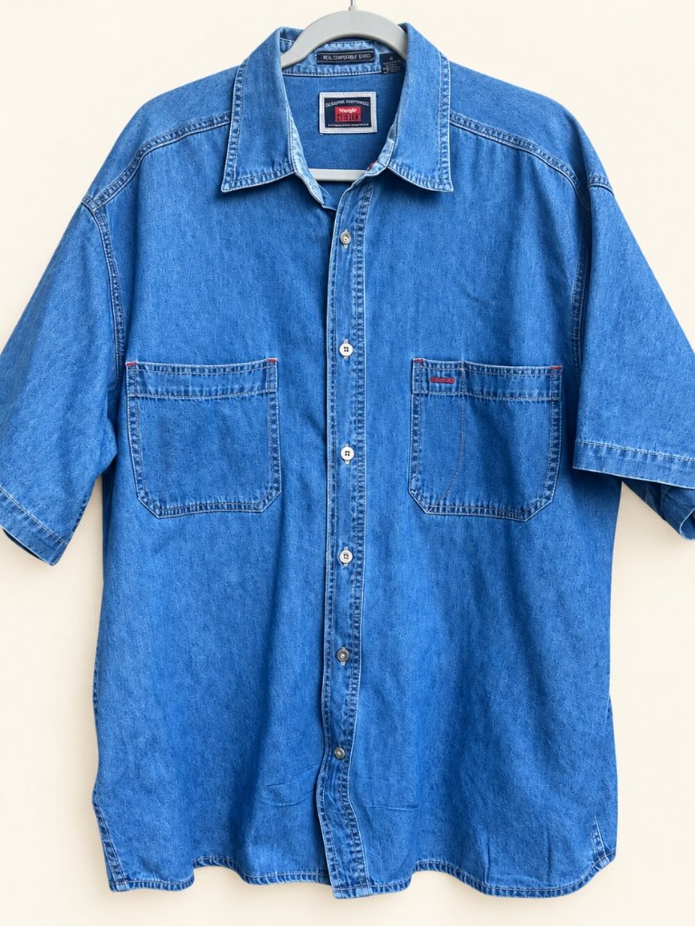 Wrangler Hero L Blue Denim Short Sleeve Button Front Shirt 100% Cotton